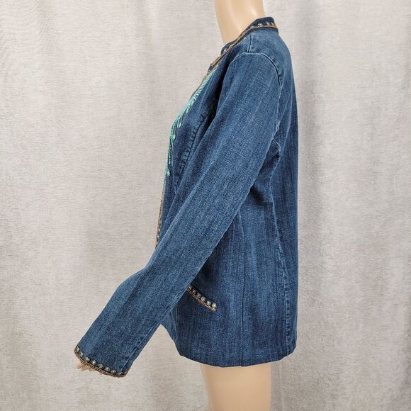 Chico's Denim Jacket with Turquoise and Bronze Color Beading Western Boho - Picture 7 of 12